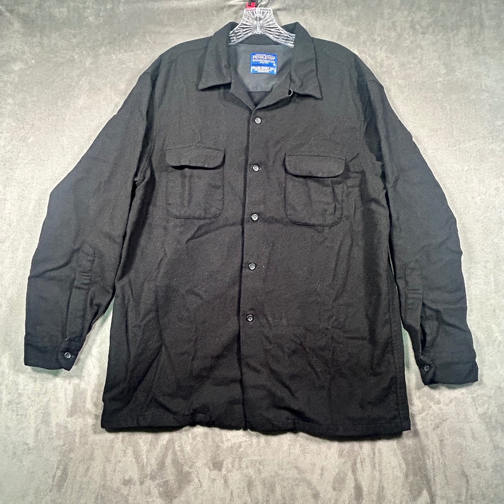 Pendleton Board Shirt Jac Mens L Black 100% Virgin Wool Loop Collar Button Up